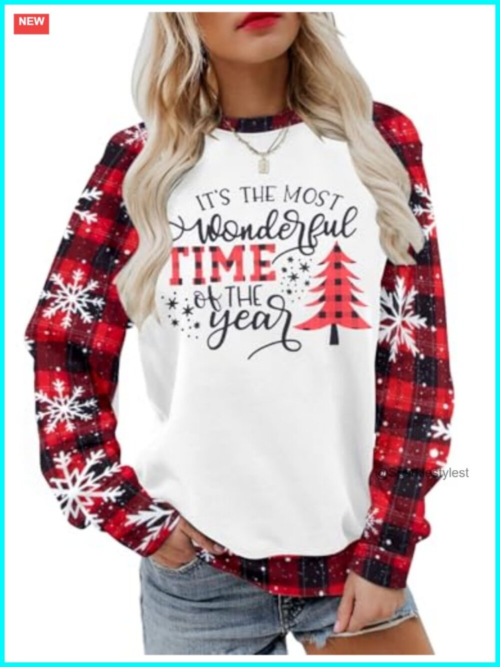 Women's Christmas Sweatshirt Color Block Snowflake Pullover Long Sleeve Crew